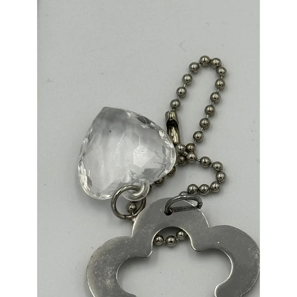 Tan Enamel Flower and Faceted Clear Heart Charm Keychain Silver Tone Ball‎ Chain